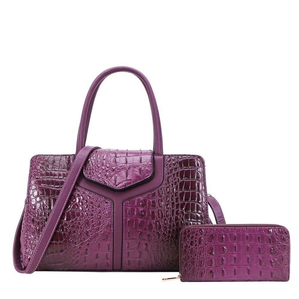 Women Purple Crocodile Boston Satchel and Wallet Set